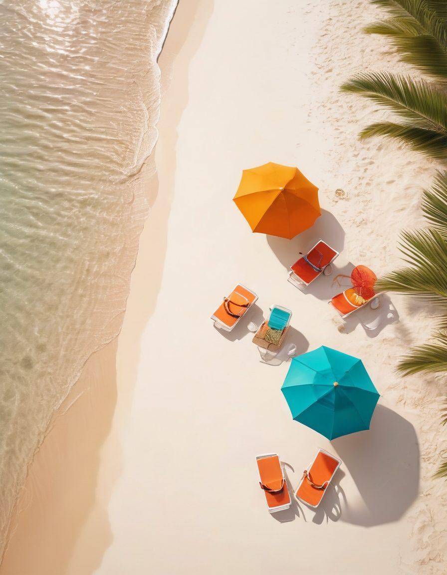 A serene beach scene with a diverse group of stylish individuals in elegant swimwear, lounging under colorful umbrellas, with glistening turquoise water and white sand. Add vibrant beach accessories like wide-brimmed hats and chic sunglasses, reflecting the essence of summer escapades. The sun is setting, casting a warm golden glow over the entire scene. super-realistic. vibrant colors.